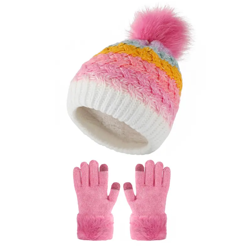 Kış sıcaklık renkli degrade peluş çocuklar Pom Pom örme şapka ve eldiven seti