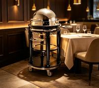 Chariot de service de luxe en acier noir poli avec miroir, chauffe-plats rond pour buffet d'hôtel, avec support en bois à roulettes, pour usage domestique