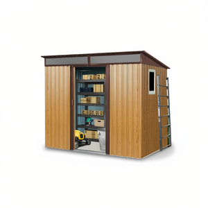 Caseta de almacenamiento metálica color café de 8 pies x 6 pies con ventana y placa transparente para jardín o césped - Product Image 1