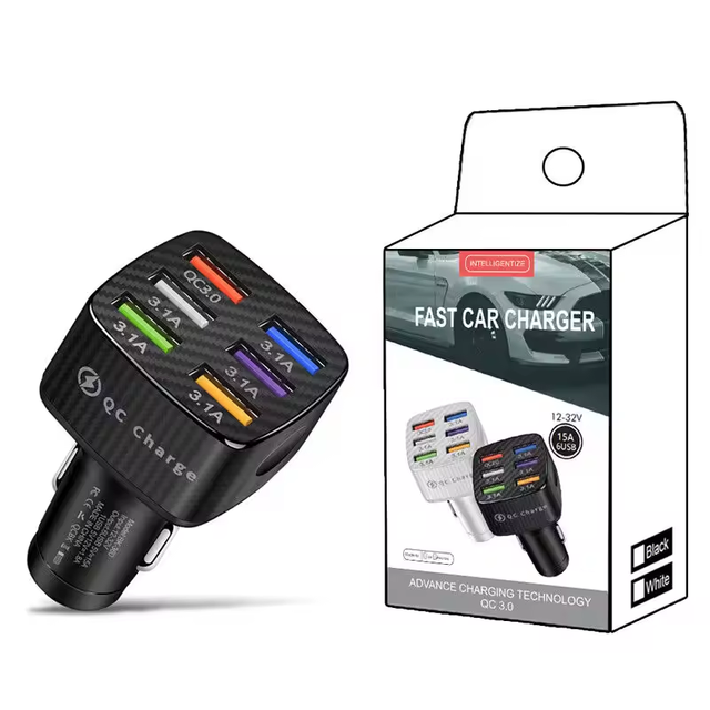 CE ROHS Fireproof Universal Car Charger 6 Ports 15A QC3.0 10W Output OTP Compatible for iPhone for Huawei Accessories