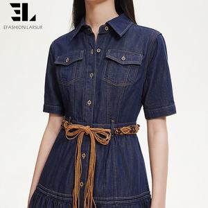 Vestido <span class=keywords><strong>de</strong></span> Mezclilla <span class=keywords><strong>de</strong></span> Lyocell Suave y Ecológico para Mujer, Estilo Informal, Lavado Desgastado, con Botones, Mangas Cortas, Vestido <span class=keywords><strong>de</strong></span> Mezclilla para Mujer, <span class=keywords><strong>de</strong></span> Fábrica Personalizada LARSUR - Product Image 1