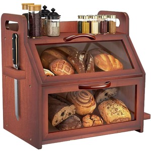 Boîte à pain en bambou, armoire de rangement de cuisine en bois massif avec couvercle rabattable et poignée pour le pain et les collations, organisateur de bureau - Product Image 3