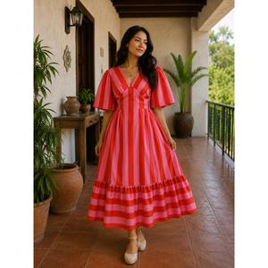 Robe maxi en coton à rayures <span class=keywords><strong>Sunberry</strong></span> pour femmes |   Robe évasée à rayures roses imprimées à la main avec ceinture ajustable et poches - Product Image 2