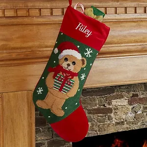 泰迪熊个性针线袜天鹅绒袖口十字绣装饰儿童圣诞袜礼品