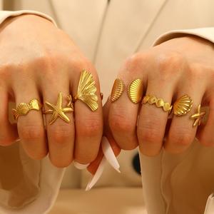 Hot Selling Stainless Steel Marine Animal Wide Finger <b>Couple</b> <b>Rings</b> Gold Plated Shell Starfish Open End <b>Rings</b> for Men Women - Product Image 1