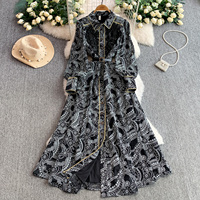 Robe décontractée élégante pour femme, coupe trapèze, imprimée, à manches longues, avec ceinture et empiècements en maille transparente, pour les fêtes et le quotidien