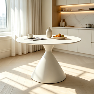 Table à manger minimaliste ronde en pierre frittée, base en forme de sablier blanc crème, pour la maison, salle à manger, café, hôtel, restaurant - Product Image 5