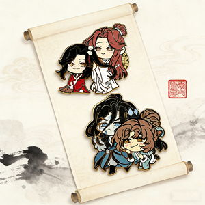 Cadeaux de la Saint-Valentin personnalisés OEM : Épingles en émail dur traditionnel plaqué avec personnages <span class=keywords><strong>Hualian</strong></span> et Moshang BL, avec attaches en caoutchouc - Product Image 1