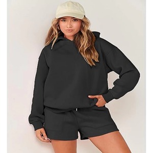 Conjunto de 2 Piezas para Mujer, Sudadera con Capucha y Pantalones Cortos Negros, Corte Holgado Informal, Felpa, Color Sólido, Uso Diario, Primavera/Verano - Product Image 5