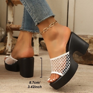 <span class=keywords><strong>Sandales</strong></span> <span class=keywords><strong>mules</strong></span> noires en maille pour femmes, vente en gros d'usine - Talons carrés épais à bout ouvert, à enfiler, décontractées, pour soirée - Product Image 2
