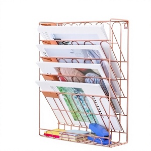 Moderno Porta Revistas de Pared de 6 Niveles, Ajustable, de Alambre de Hierro y Metal Latón Amson, Color Oro Rosa, para Oficina - Product Image 1