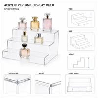 Présentoir surélevé en acrylique transparent personnalisé pour parfums et cosmétiques, support de comptoir de vente au détail, étagère avec panneau pour logo OEM