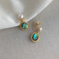Boucles d'oreilles à clip en cuivre doré avec perle naturelle de coquille d'ormeau, non percées, style serpentin anti-moustiques