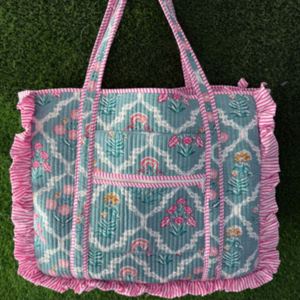 Bolsos de Mano Grandes Personalizados de Algodón Acolchado, con Estampado Floral y Volantes, Cierre Abierto, Estilo Boho de Verano, para Mujer - Product Image 2