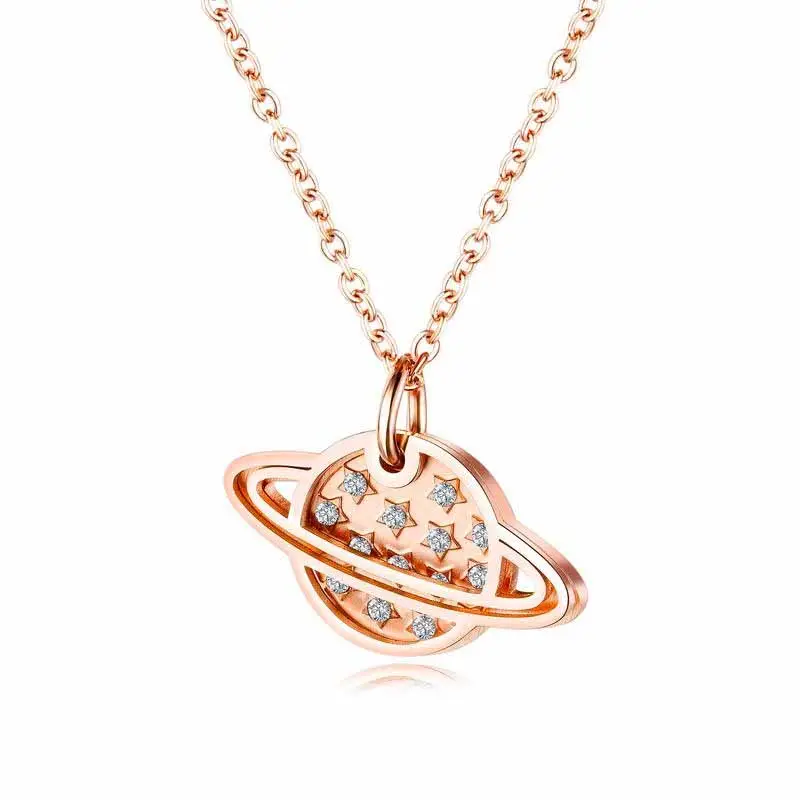 Japan Korean Explosion Jewelry Stainless Steel Rose Gold Planet Zircon Pendant Necklace For Women