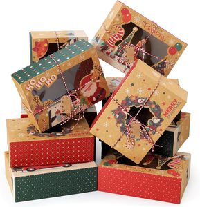 Christmas Cookie <strong>Boxes</strong> with Window for Gift Giving, Kraft Bakery Gift Wrapping <strong>Boxes</strong> with Cards and Jute Rope - Product Image 1