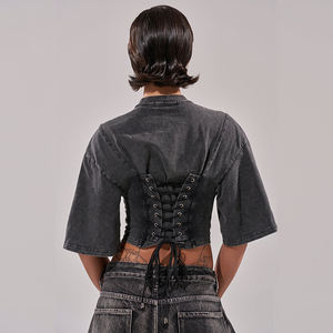 Camiseta Corta de Algodón Grueso para Mujer, Estilo Urbano Personalizado, Vintage, Lavada, Desgastada, con Parches, Estampado Y2K - Product Image 2