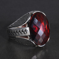 Bagues en Argent Sterling 925 Pur avec Zircon Rouge Facetté, Bagues de Mariage Vintage pour Homme, Bijoux Turcs