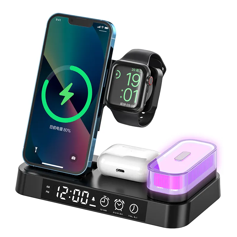3 in 1 Night Light foldable charging station dock with alarm clock RGB LED light 6 in 1 15W wireless charger stand