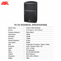 Enceinte PA active JSL TC-15, 15 pouces, 2 voies, DSP, amplificateur 800W pour sonorisation live, DJ, fêtes, monitoring de scène