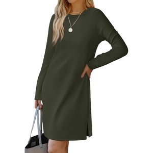 Vestido Casual de Manga Larga para Mujer, Color Verde Oliva, Cuello Redondo, Abertura Lateral, Largo hasta la Rodilla, Corte Holgado, Transpirable, Tejido, para Viaje, 2024, Talla L - Product Image 3