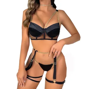 2023 thiết kế mới sexy phụ nữ đồ lót với kim loại chian cám dỗ treo garter vành đai Bralette đặt khiêu dâm đồ lót áo ngực