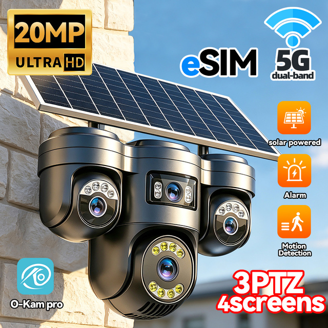 Wireless 20MP 6 Motors 3 PTZ Four Screens 4g Sim Solar Cameras Outdoor 5G WiFi Solar Wifi Camera O-kam 360 Tracking Cctv