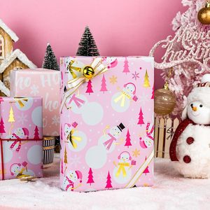 Girly <b>Pink</b> Christmas Wrapping Paper 17 In X 33 Ft Metallic Foil Snowman Design Gift <b>Wrap</b> For Holiday Party Winter - Product Image 2
