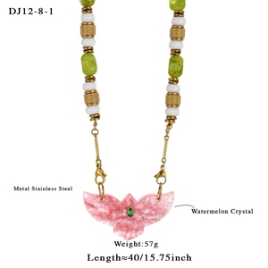 Collana Romantica Parigina Trendy Placcata Oro con Ali d'Angelo, Catena con Perle di Avventurina Verde Naturale, Quarzo Anguria e Topazio Giallo - Product Image 4