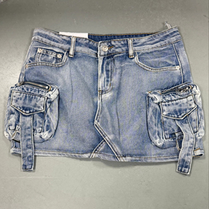 Viviblook C305SK Chemises en jean vintage Jupe cargo Mode Taille basse Mini jupe en jean trapèze avec poches pour femme - Product Image 1