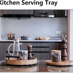 Wooden <b>Storage</b> <b>Tray</b> Round With Handles Multifunctional Desktop Organizer For Cosmetics And Condiments - Product Image 2