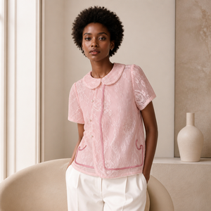 Elegante Camicetta Rosa <span class=keywords><strong>in</strong></span> <span class=keywords><strong>Pizzo</strong></span> da Donna con Colletto Peter Pan, Top Floreale Jacquard Estivo Vintage Dolce a Maniche Corte con Bordo a Contrasto - Product Image 4