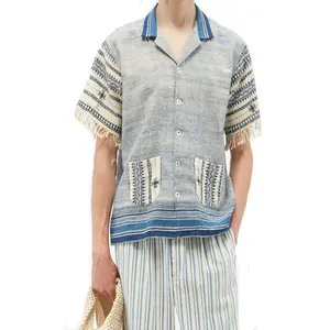 OEM 2021, лидер продаж, модные мужские рубашки, летняя полосатая хлопковая рубашка с короткими рукавами на заказ, на пуговицах khadi