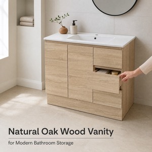 Natural Wood <strong>Bathroom</strong> Vanity Floor Standing Door 3 Drawers <strong>Thin</strong> Basin Freestanding <strong>Bathroom</strong> <strong>Cabinet</strong> 17.9" Depth - Product Image 2