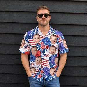 Chemise hawaïenne personnalisée USA 250th avec photo du visage, chemise florale boutonnée pour homme, manches courtes, été - Product Image 2