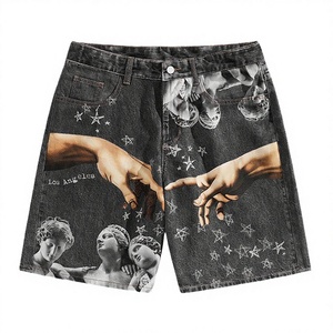 Pantalones Cortos de Mezclilla Tejida para Hombre, Estilo Vintage, Verano 2025, Hip-Hop, Estampado Gráfico, Corte Recto, Lavados, 100% Algodón - Product Image 1