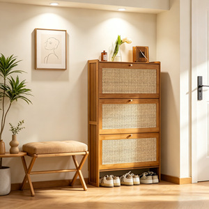Japanese Style Rattan <b>Shoe</b> Cabinet Ultra Thin Flip Top Space Saving Entryway <b>Storage</b> For Home Small Apartments - Product Image 1