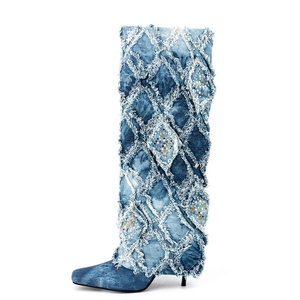 Women Denim Overlay Knee High Boots High Thin Heels Shoes New Design Boot-cut Jeans Stiletto Square Toe Long <b>Booties</b> Size 44 - Product Image 1