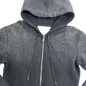 Survêtement noir à capuche pour femme avec imprimé à pois en strass, fermeture éclair sur le devant, manches longues, coupe ample, décontracté, pour l'automne - Product Image 4