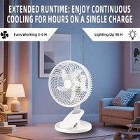Ventilateur à pince rechargeable 8'' avec LED nocturne, ventilateur de bureau oscillant à moteur sans balais 3 vitesses, batterie lithium 3Ah, alimentation double AC/DC