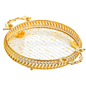 Metal <b>Serving</b> <b>Tray</b> With Floral Design <b>Gold</b> Plated Round <b>Tray</b> For Home Dining Table Decorative Fruit Plate Snack Dish Display - Product Image 5