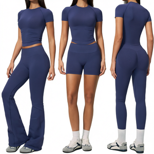Conjunto de Yoga de 4 Piezas para Mujer, Ropa Deportiva Transpirable sin Costuras, Leggings de Cintura Alta, Pantalones Cortos Acampanados, Tallas Grandes - Product Image 1
