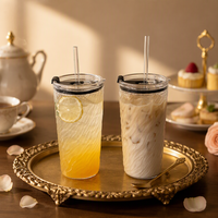 Gobelet en verre borosilicate soufflé à la main 740 ml grande capacité pour thé au lait et café, couleur unie, simple paroi, avec couvercle et paille