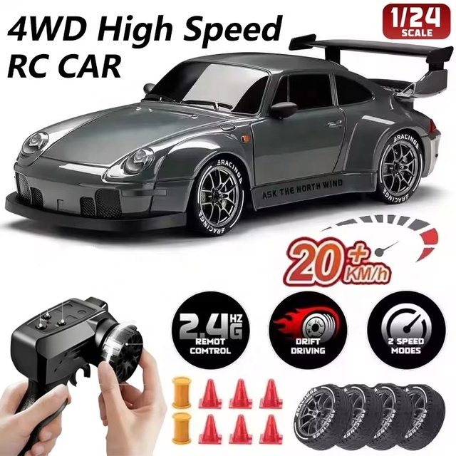 RC Drift Car 1:24 Metal Electric 4WD Proportional Remote Control 50M Range High Speed Gyro LED Lights Extra Tires Adult Kids Toy
