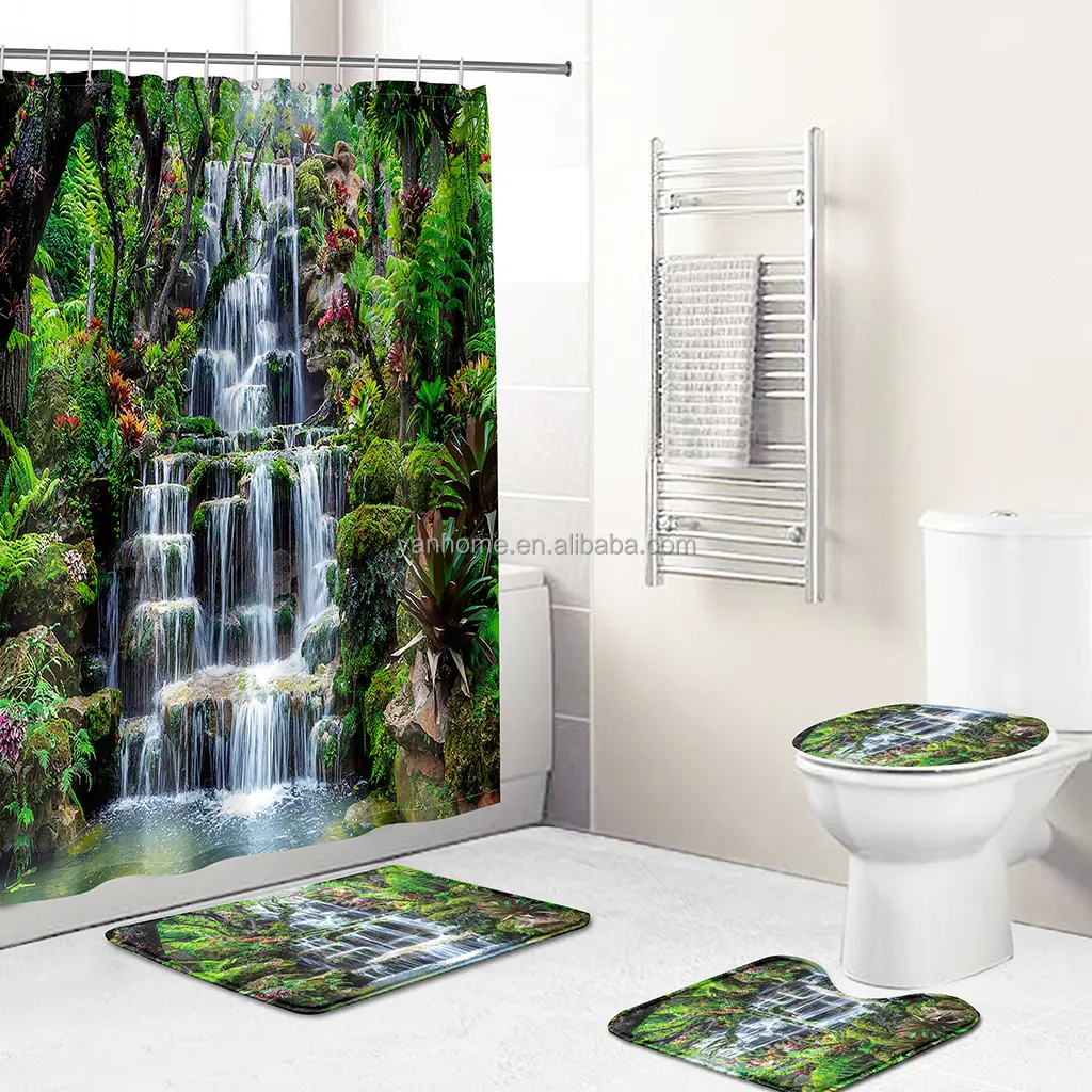 Modern 3D Printing Forest Shower Curtain Green Plant Tree Landscape Bath Curtain With Hooks