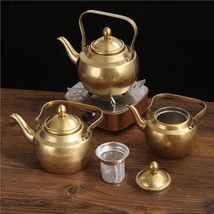 <b>Vintage</b> Gold Plated Teapot Set Round <b>Kettle</b> With Infuser Lid For Kung Fu Tea Afternoon Tea Leisure Use - Product Image 1