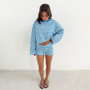 Loose <b>fit</b> crewneck blue white striped <b>long</b> sleeve <b>T</b> <b>shirt</b> with low waist contrast color shorts relaxed casual set - Product Image 5