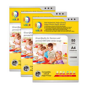 กระดาษสติกเกอร์ <span class=keywords><strong>MR</strong></span>.R <span class=keywords><strong>เคลือบ</strong></span>เงาสูง พิมพ์อิงค์เจ็ทได้ 50 แผ่นต่อแพ็ค 135/80 แกรม ขนาด 210x297 มม. A4 - Product Image 1