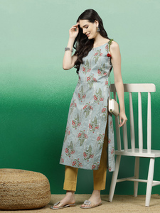 Traditional <b>Indian</b> Designer Pure Cotton Printed Straight Cut <b>Kurti</b> Gotta Work Design Cut Sleeves Pattern Women's OEM Rama Kurtis - Product Image 6