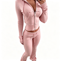 Ensemble de survêtement décontracté personnalisé en coton et élasthanne pour femme, avec sweat à capuche court zippé coupe ajustée et pantalon évasé taille basse à cordon de serrage